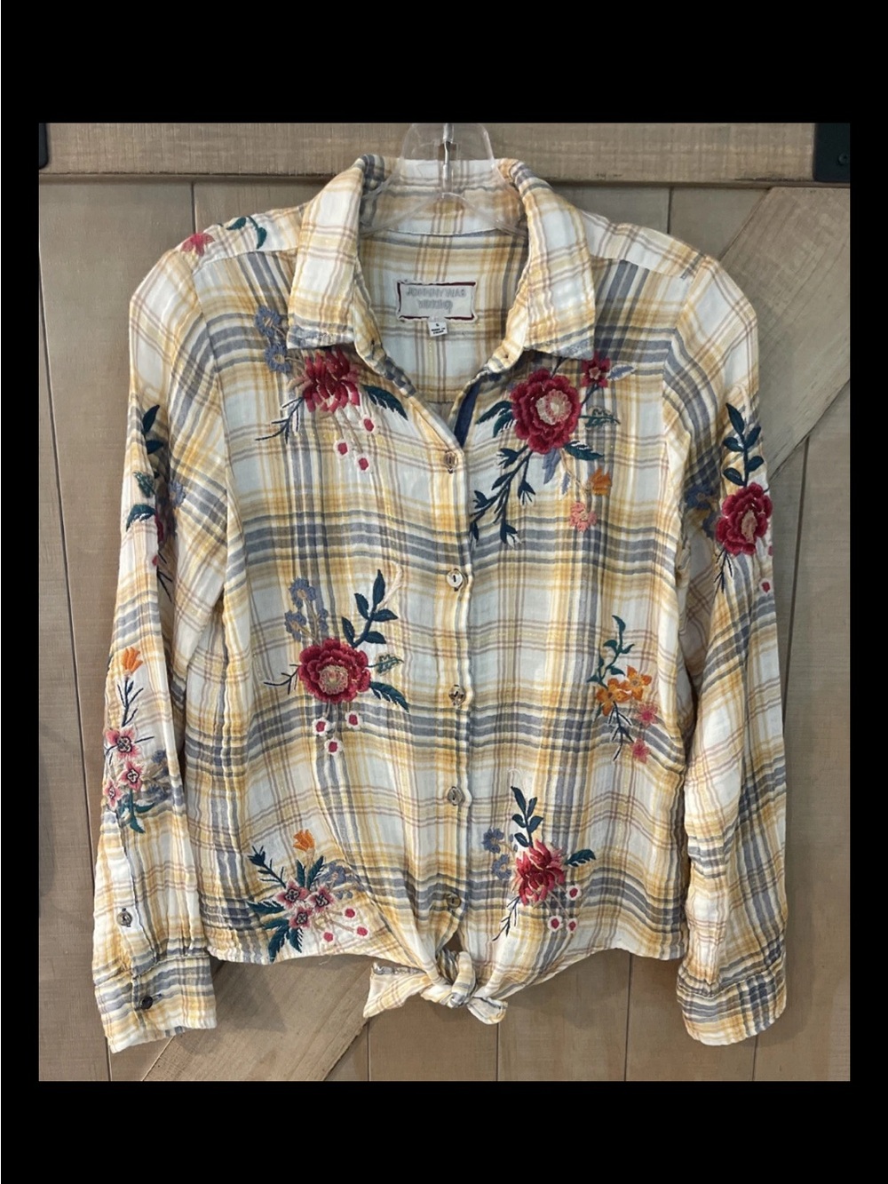 Johnny was Embroidered Plaid Tie-Hem Button-Up Shirt - Yellow Floral